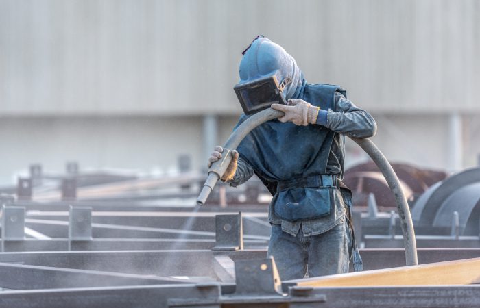 Sand Blasting Process Industial Worker Using Sand Blasting Process Preparation